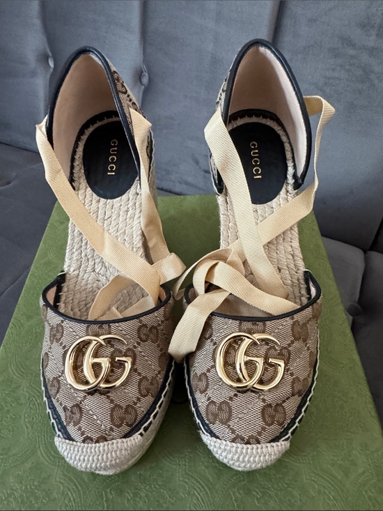 Gucci Shoes - GUCCI BEIGE OPHIDIA WEDGE ESPADRILLES